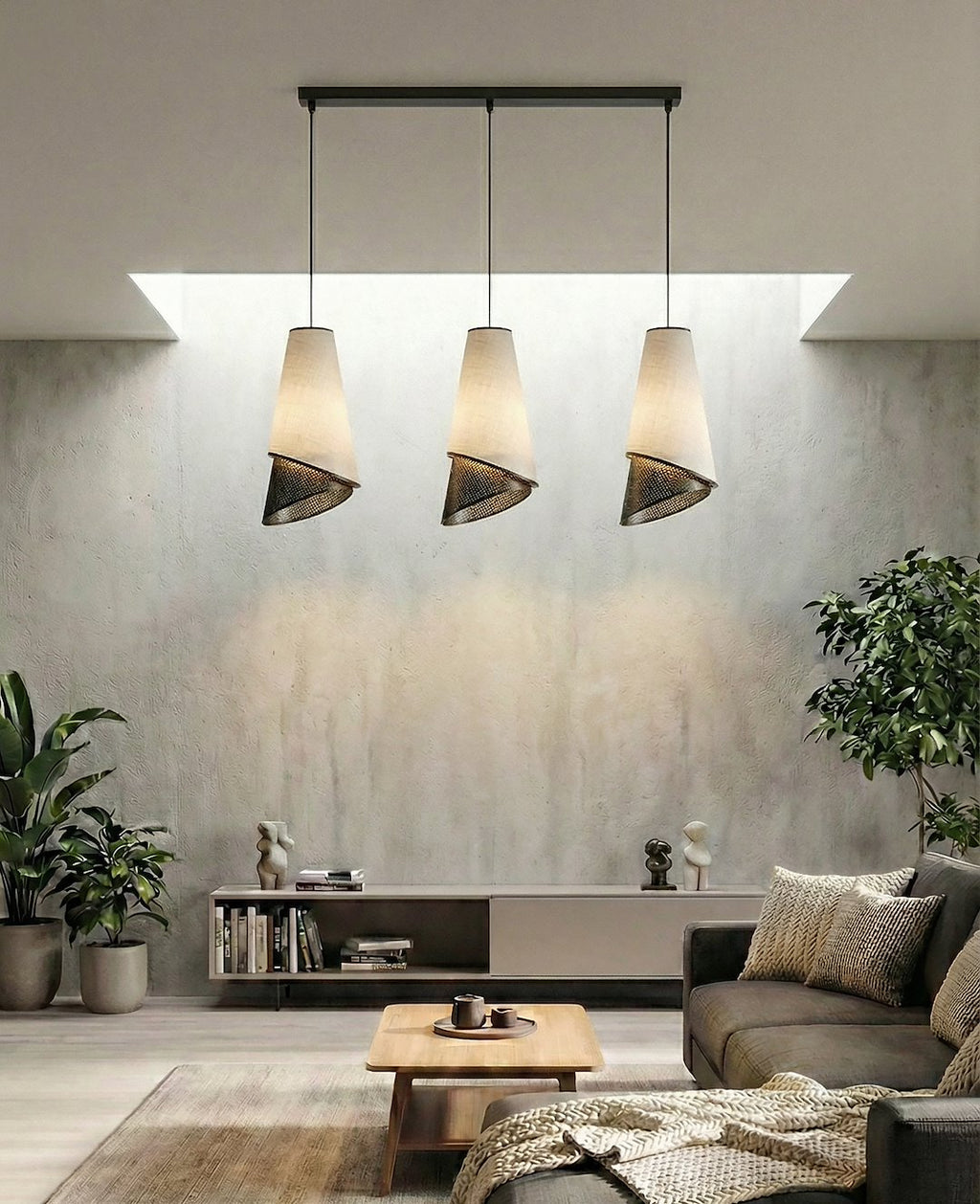 Hanglamp 3-lichts gepoedercoat staal en stof, modern, Moda, zwart en grijs, 95 cm breed, voor woonkamer en eethoek