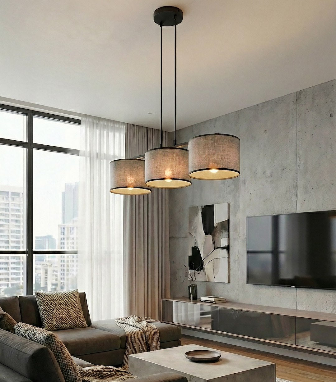 Hanglamp gepoedercoat staal en stof Eco, grijs met zwart, 3 lichts, kap Ø 20 cm, eettafel en kookeiland
