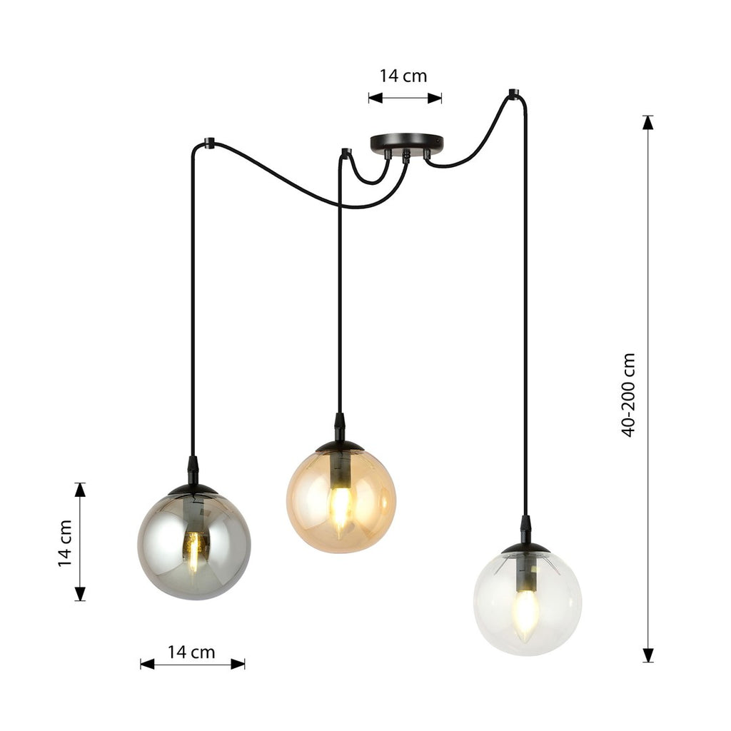 Hanglamp gepoedercoat staal en glas Gigi, 3 kappen transparant, grafiet en amber, zwart, Ø 14 cm, woonkamer en eetkamer