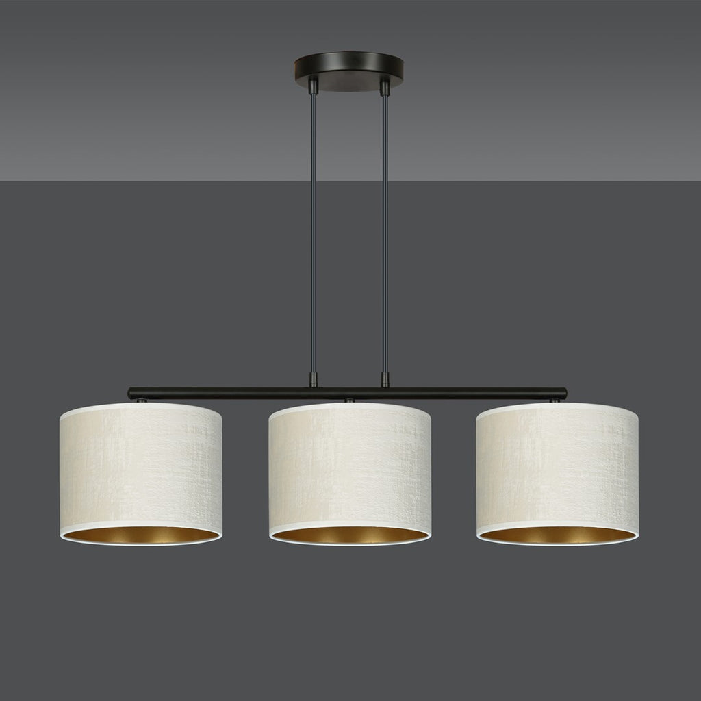 Hanglamp gepoedercoat staal en stof Hilde, zwart met witte kappen, 3 lichts, breedte 72 cm, eetkamer