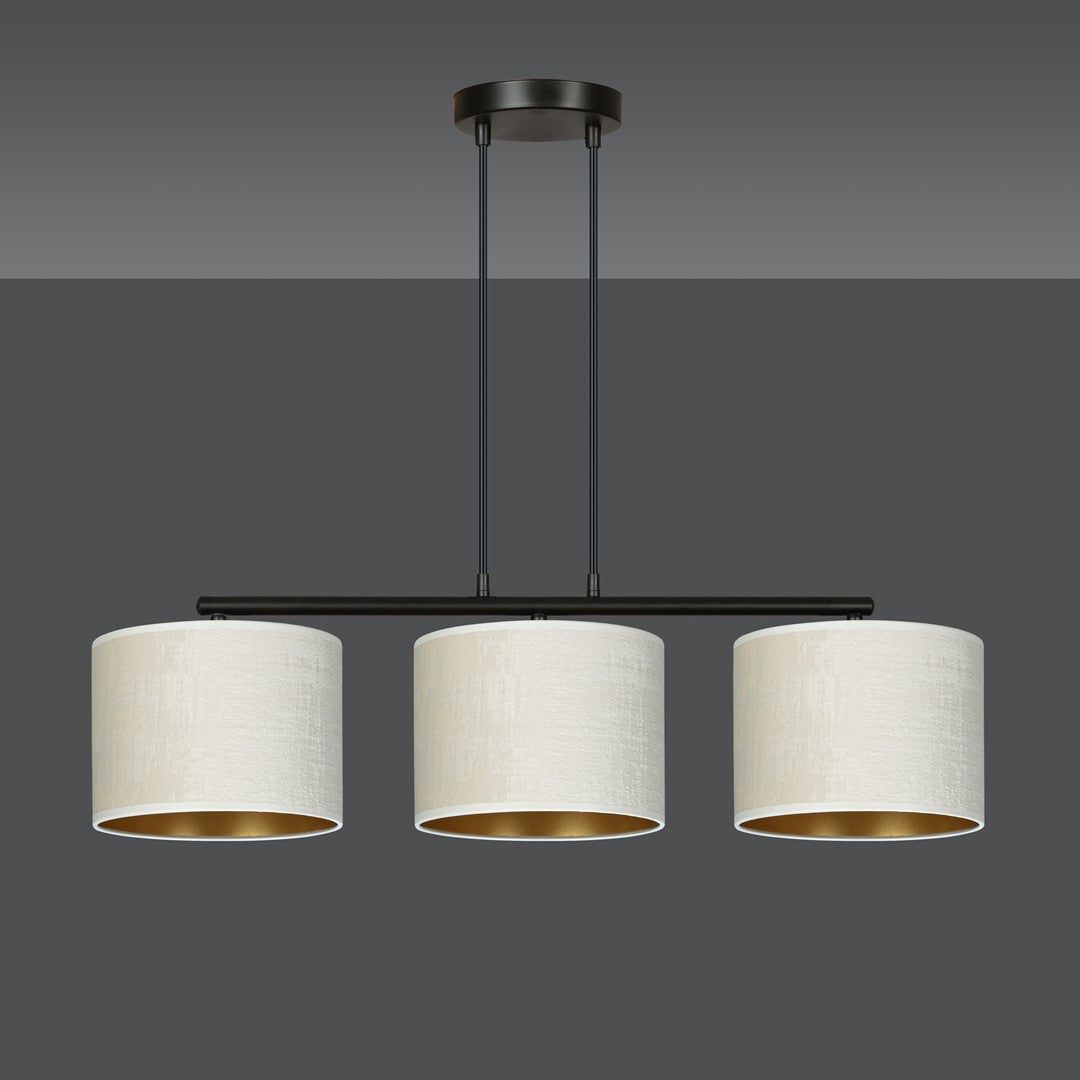 Hanglamp gepoedercoat staal en stof Hilde, zwart met witte kappen, 3 lichts, breedte 72 cm, eetkamer