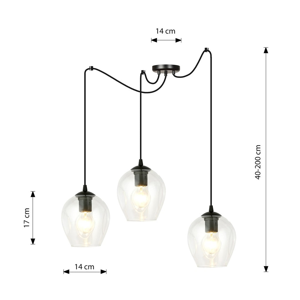 Hanglamp 3 lichts gepoedercoat staal en glas, modern, zwart met transparante kappen Ø 14 cm