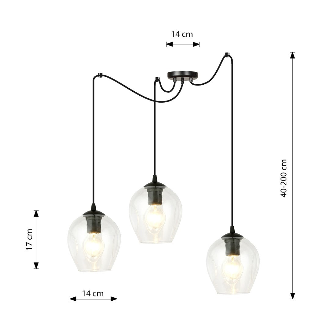 Hanglamp 3 lichts gepoedercoat staal en glas, modern, zwart met transparante kappen Ø 14 cm