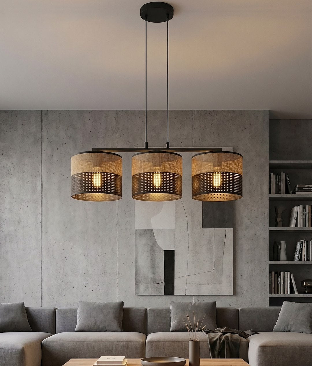 Hanglamp gepoedercoat staal Karbon minimalistisch zwart en bruin, 3 lichtpunten, stoffen kappen Ø 20 cm, eettafel
