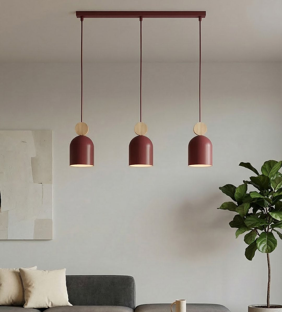 Hanglamp 3-lichts gepoedercoat staal met hout, Scandinavisch Mesi, bordeaux, 66 cm, voor keukeneiland