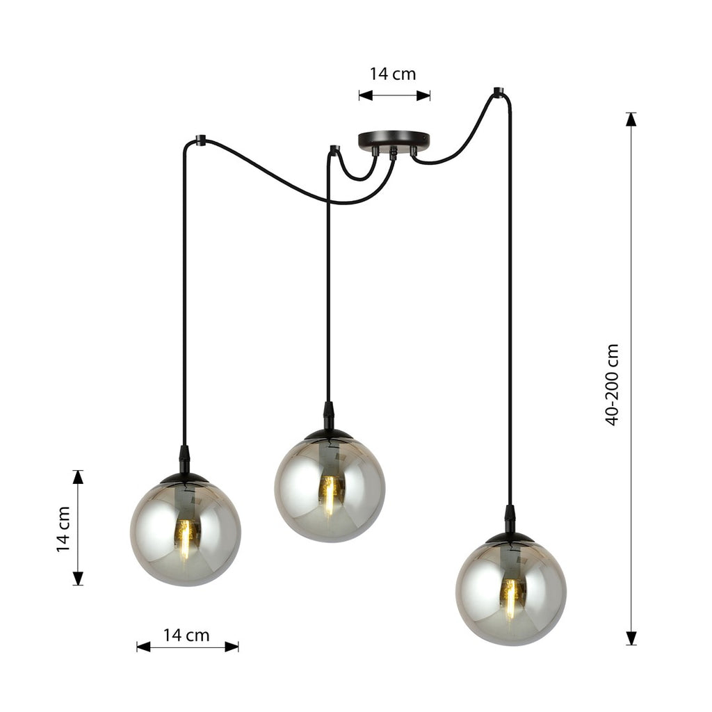 Hanglamp 3 lichts gepoedercoat staal en glas, modern Gigi, zwart met grafiet glazen kappen Ø 14 cm
