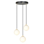 Hanglamp 3 lichts gepoedercoat staal en glas retro zwart met goud, witte glazen kappen Ø 14 cm