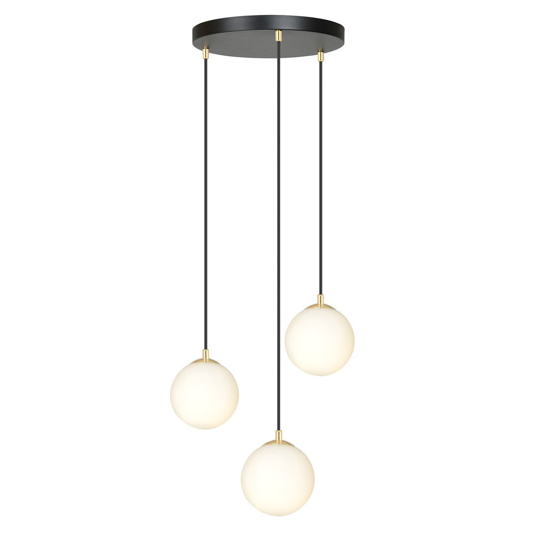 Hanglamp 3 lichts gepoedercoat staal en glas retro zwart met goud, witte glazen kappen Ø 14 cm