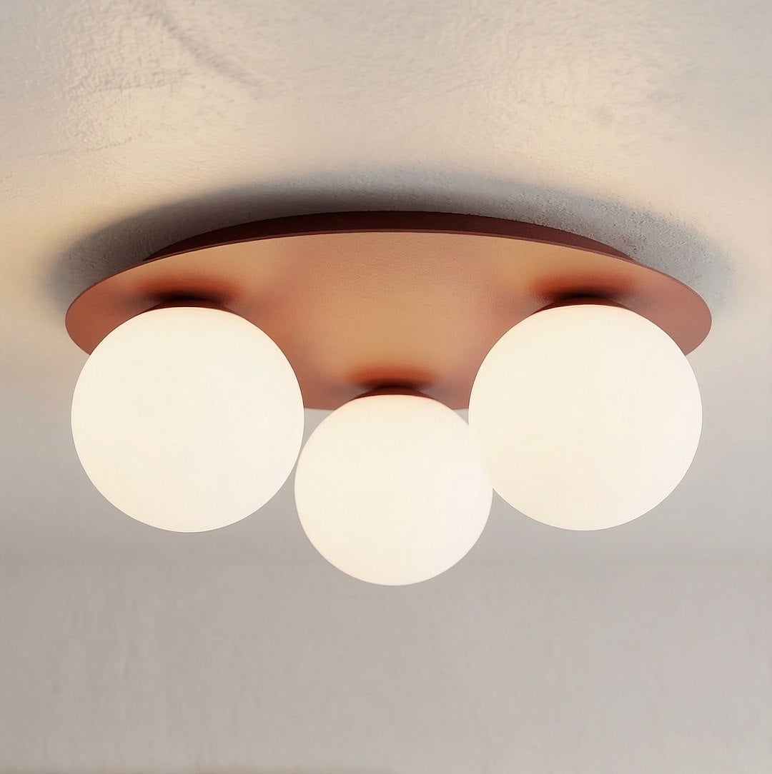 Plafondlamp gepoedercoat staal en glas Solar 3 lichts, bordeaux met witte glazen kappen Ø 43 cm