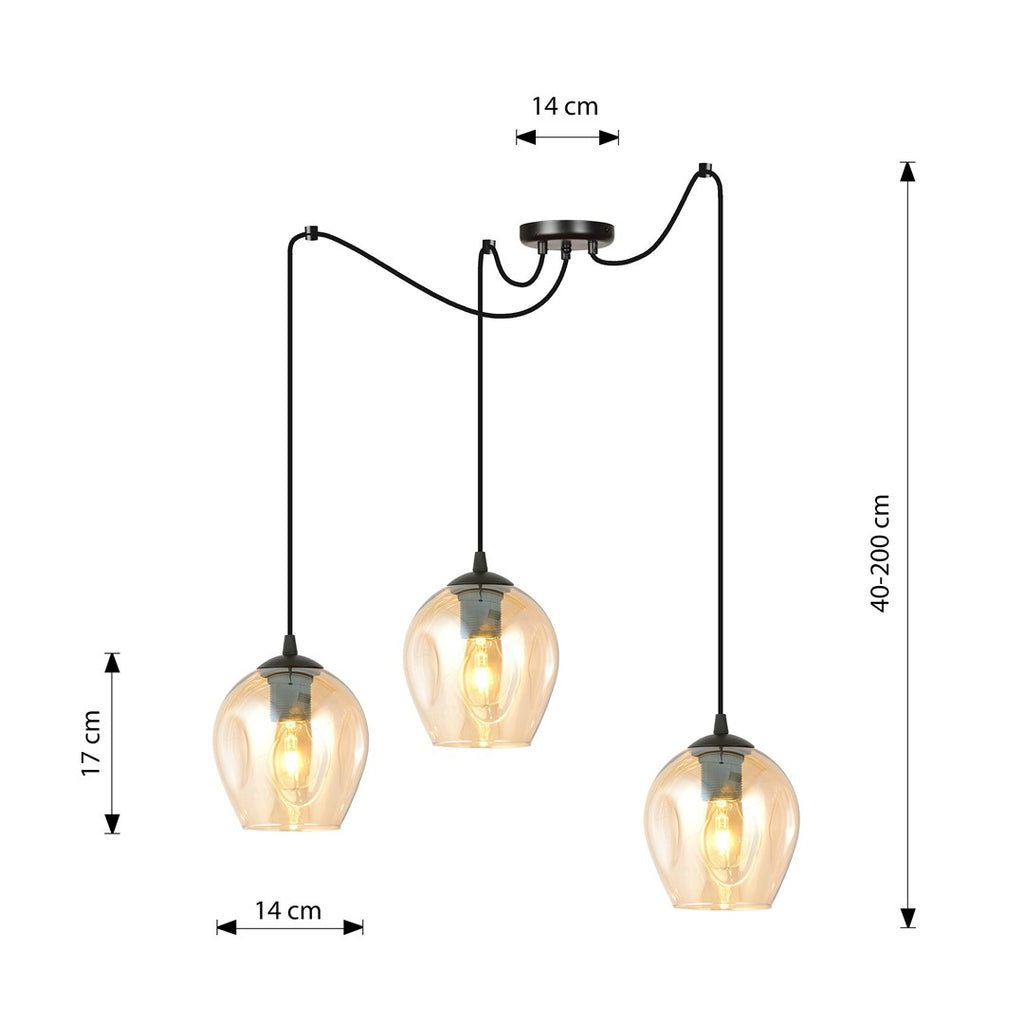 Hanglamp 3 lichts gepoedercoat staal en glas, model Level, zwart met amberkleurig glas, kap Ø 14 cm