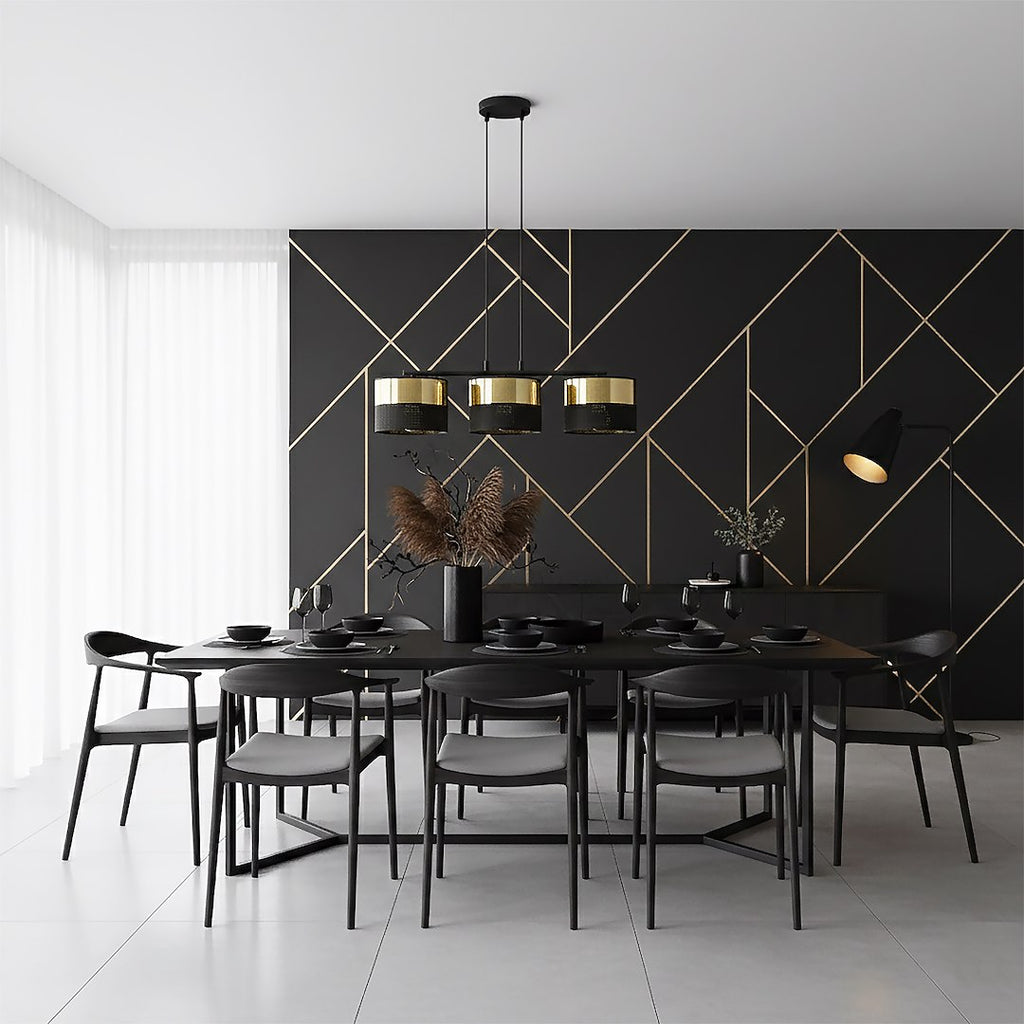 Hanglamp gepoedercoat staal en stof, modern Lux zwart met goud, kap Ø 20 cm, 3 lichts, voor eettafel en keukeneiland