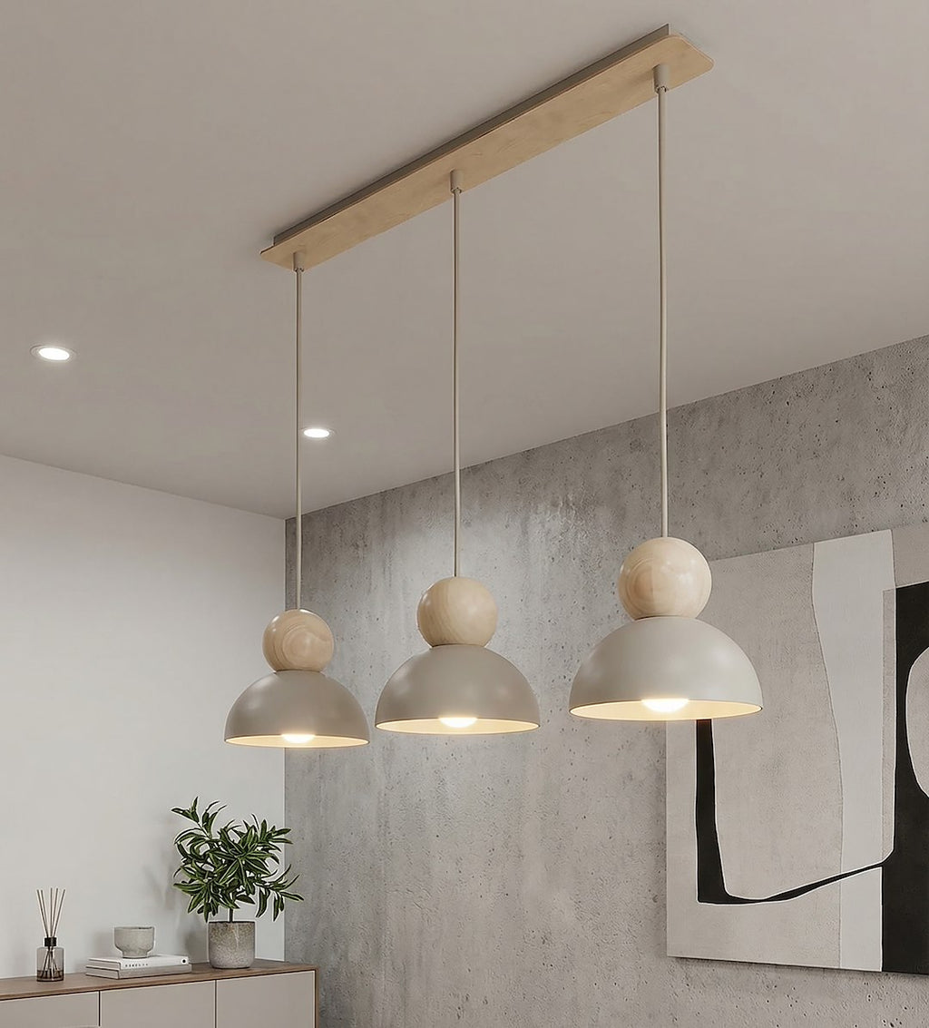 Hanglamp gepoedercoat staal en hout Kaki Scandinavisch beige 73 cm, 3 lichtpunten met E27-fitting