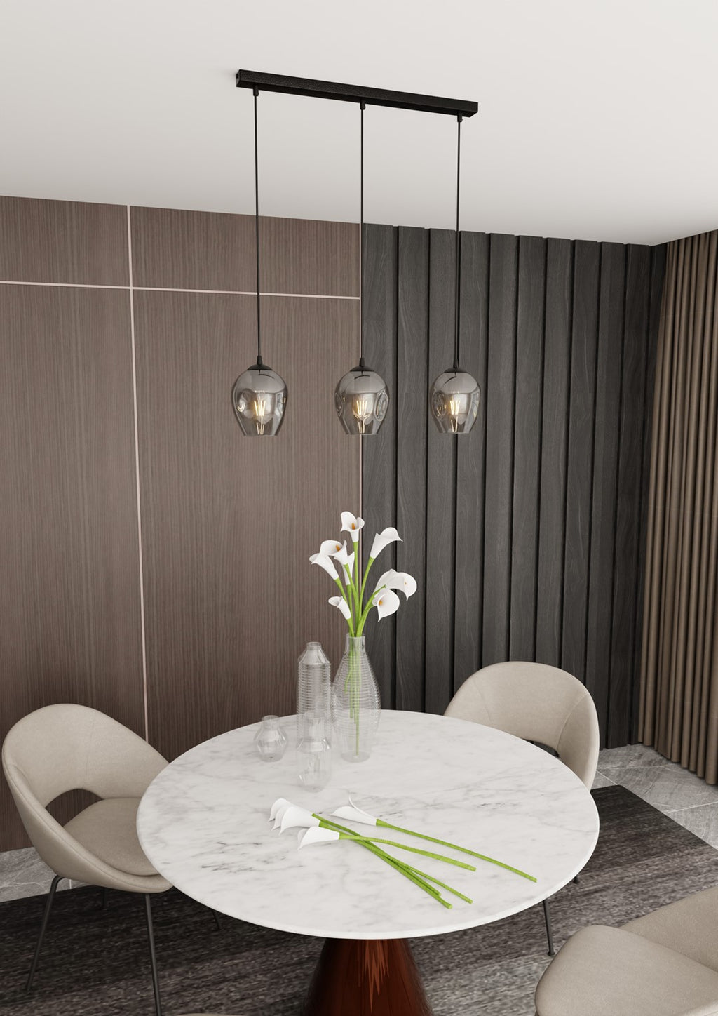 Hanglamp 3 lichts gepoedercoat staal en glas, modern Istar, zwart met grafiet kappen, 70 x 100 cm, E27