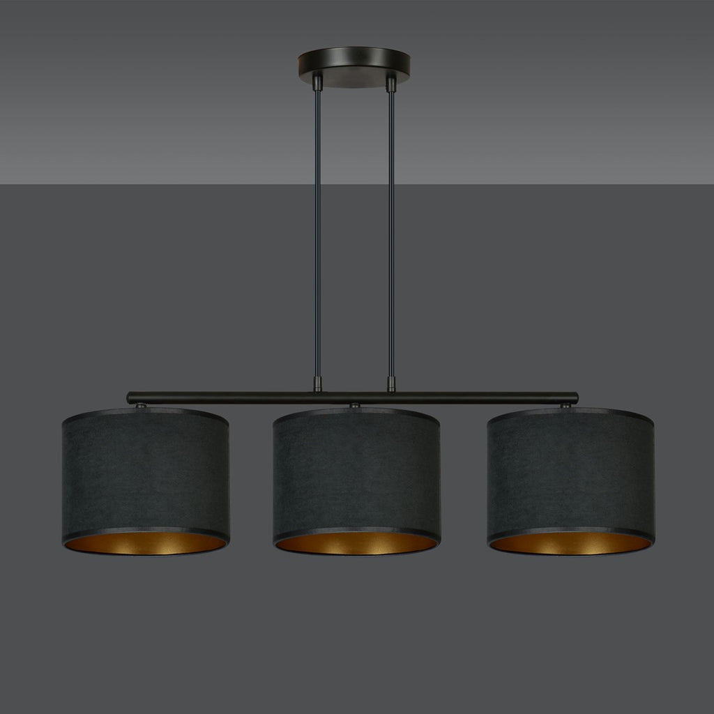 Hanglamp gepoedercoat staal en stof Hilde, zwart met gouden binnenkant, 3 kappen Ø 20 cm, minimalistisch, eetkamer