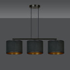 Hanglamp gepoedercoat staal en stof Hilde, zwart met gouden binnenkant, 3 kappen Ø 20 cm, minimalistisch, eetkamer
