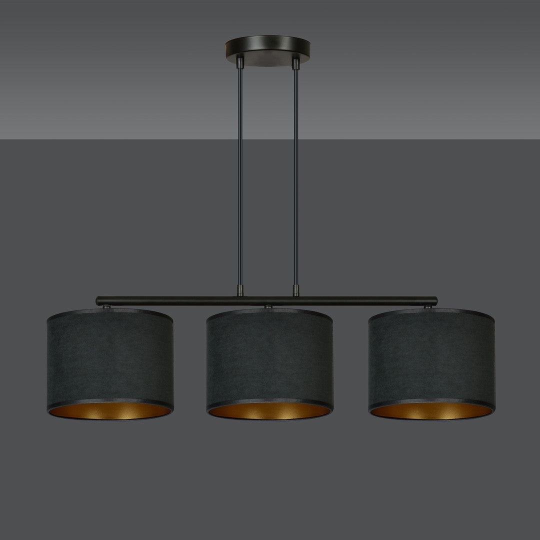 Hanglamp gepoedercoat staal en stof Hilde, zwart met gouden binnenkant, 3 kappen Ø 20 cm, minimalistisch, eetkamer
