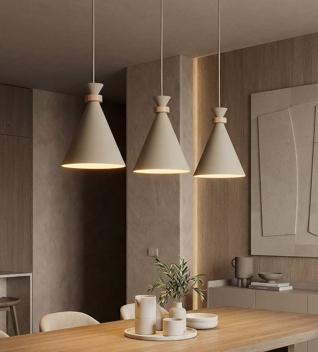 Hanglamp gepoedercoat staal en hout Scandinavisch beige, 3 fittingen E27 – 78 x 23 cm, boven eettafel of kookeiland