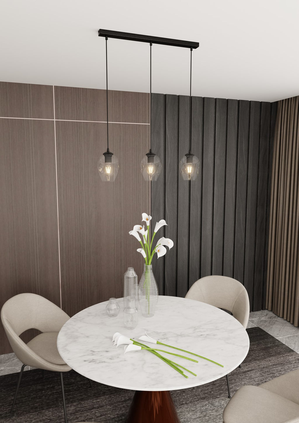 Hanglamp gepoedercoat staal en glas Istar, zwart met transparante kappen, 3 lichts, 70 x 100 cm