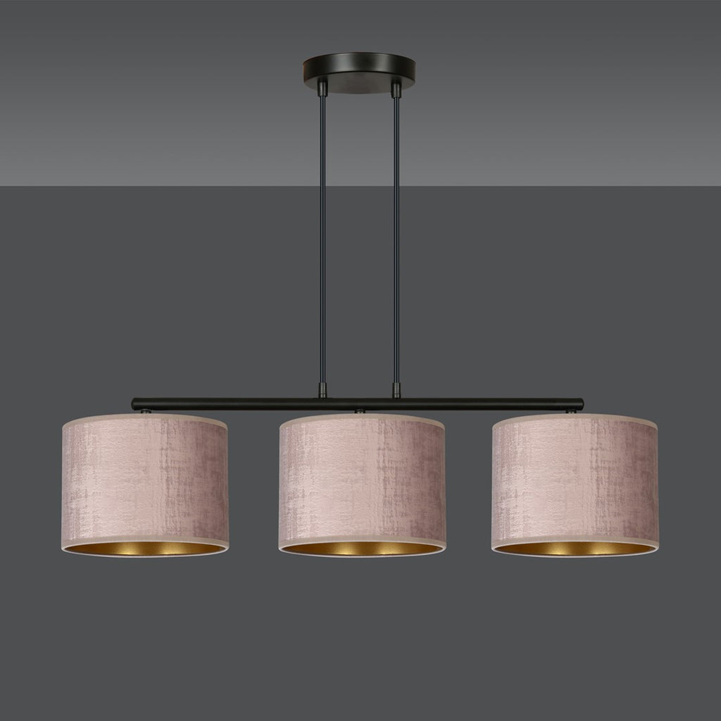 Hanglamp Hilde 3-lichts gepoedercoat staal met stoffen kappen, roze en zwart – 72 x 100 cm, eettafel
