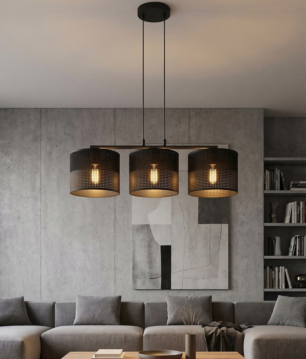 Hanglamp gepoedercoat staal en stof minimalistisch zwart met 3 kappen Ø 20 cm, voor keukeneiland en eettafel