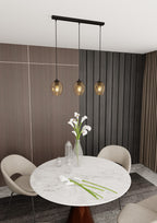 Hanglamp 3 lichts gepoedercoat staal en glas Istar, zwart met amber glazen kappen, verstelbaar, eettafel