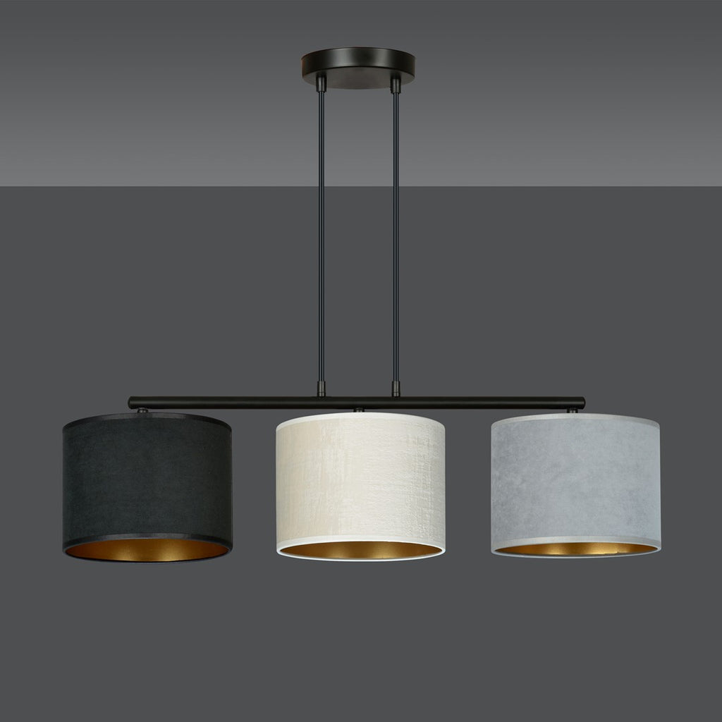 Hanglamp gepoedercoat staal en stof Hilde, zwart frame met zwarte, witte en grijze kap, 3 lichts, 72 cm breed