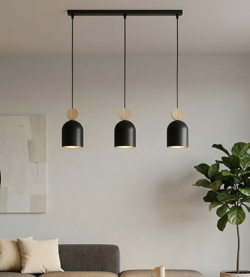 Hanglamp 3 lichts gepoedercoat staal en hout, Scandinavisch Mesi, zwart, 66 cm breed, voor kookeiland