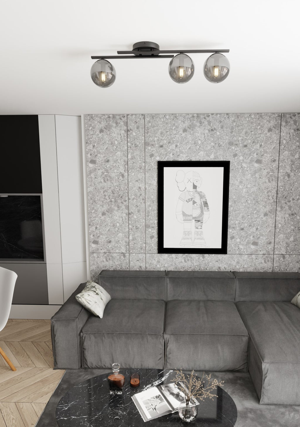 Plafondlamp gepoedercoat staal modern Kairo zwart, grafiet kappen, 74 x 20 x 19 cm, 3 x E14, woonkamer