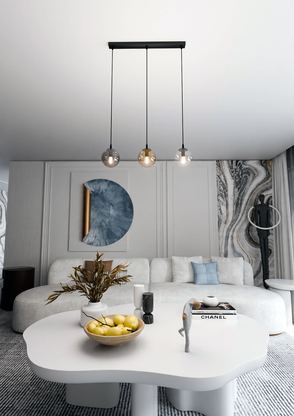 Hanglamp 3-lichts gepoedercoat staal en glas Cosmo, zwart met transparante, grafiet en amber kappen, 70 cm