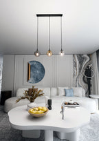 Hanglamp 3-lichts gepoedercoat staal en glas Cosmo, zwart met transparante, grafiet en amber kappen, 70 cm