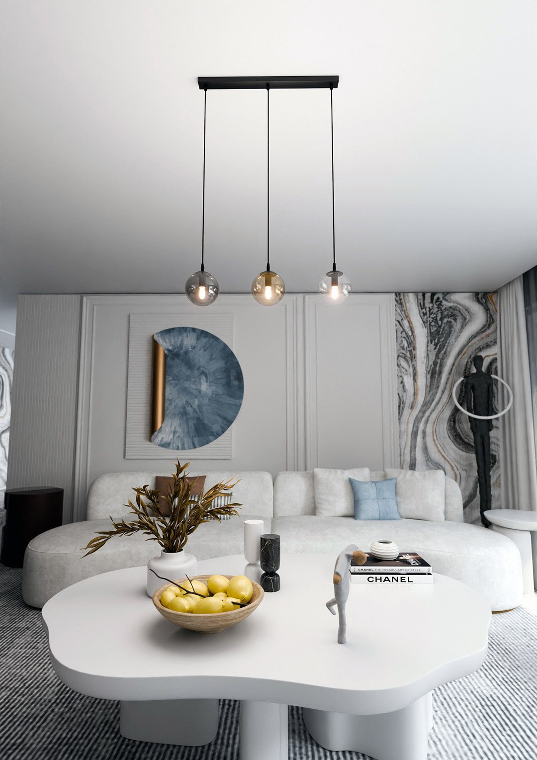 Hanglamp 3-lichts gepoedercoat staal en glas Cosmo, zwart met transparante, grafiet en amber kappen, 70 cm
