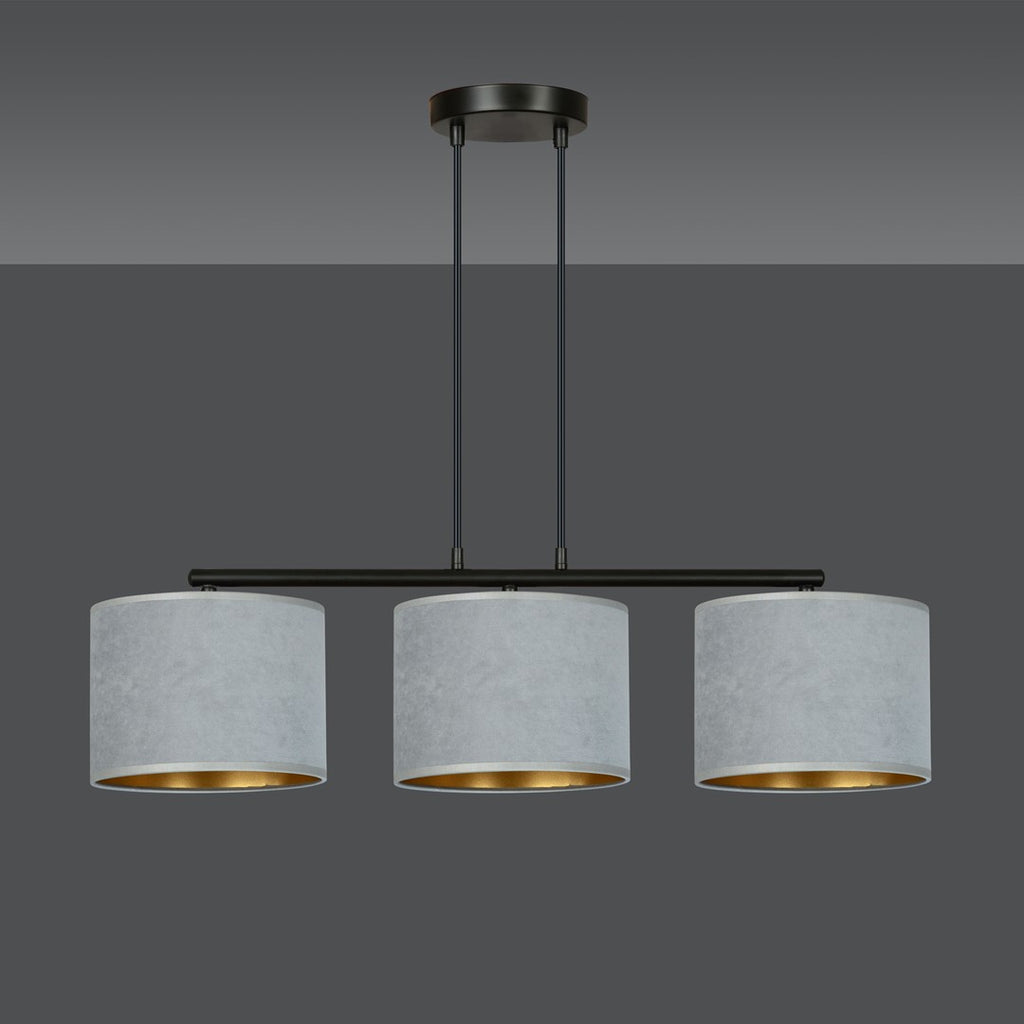 Hanglamp gepoedercoat staal en stof Hilde, minimalistisch, zwart met grijze kappen, 72 x 100 cm, 3 lichtpunten