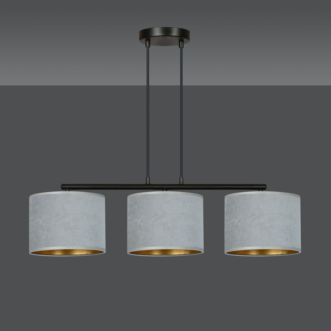 Hanglamp gepoedercoat staal en stof Hilde, minimalistisch, zwart met grijze kappen, 72 x 100 cm, 3 lichtpunten