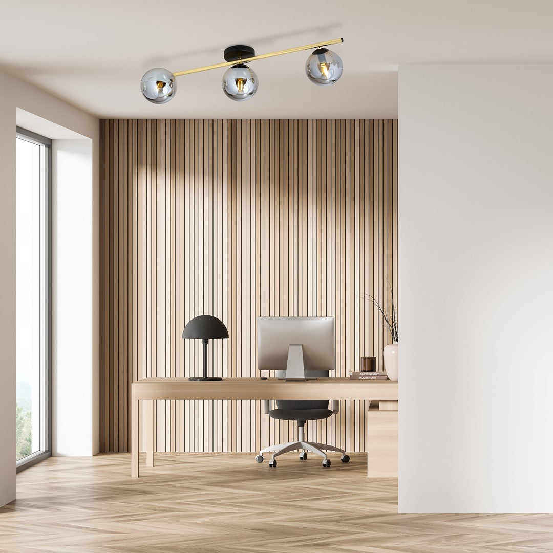 Plafondlamp Splendi gepoedercoat staal en glas, modern, zwart met goud en grafiet glas, 3 lichts, 80 x 20 cm
