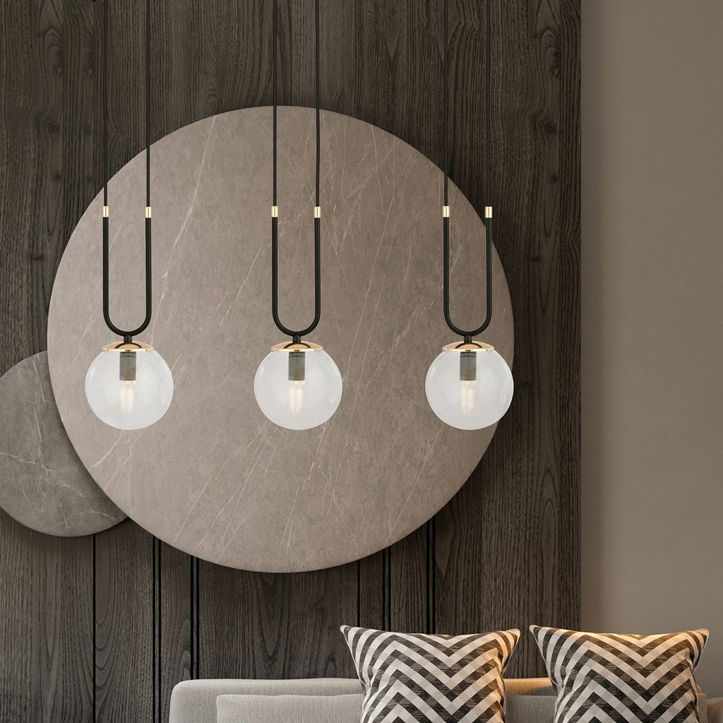 Hanglamp 3-lichts gepoedercoat staal en glas, retro glam, zwart met transparante kappen – 70 x 115 cm