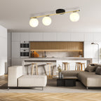 Plafondlamp gepoedercoat staal en glas Monza, zwart met goud en witte kap, 3 lichtpunten E14, 80 cm breed