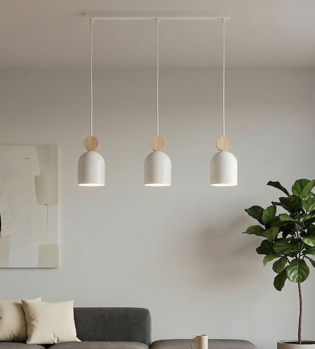 Hanglamp 3-lichts gepoedercoat staal en hout, Scandinavisch Mesi, wit, 66 cm, verstelbare hoogte
