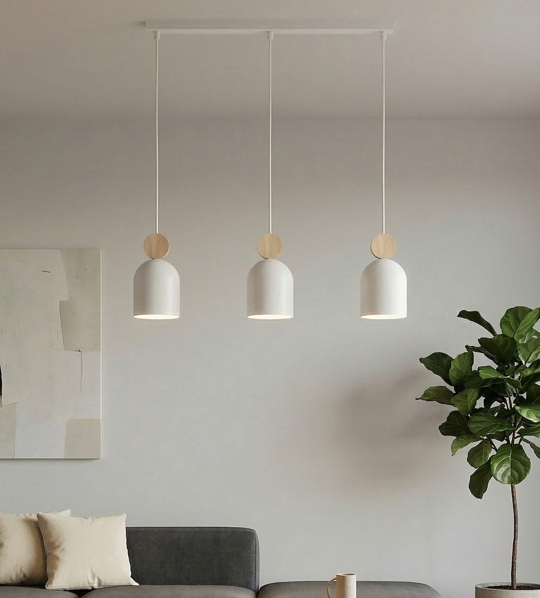 Hanglamp 3-lichts gepoedercoat staal en hout, Scandinavisch Mesi, wit, 66 cm, verstelbare hoogte