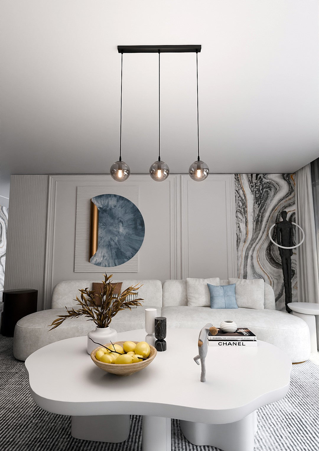 Hanglamp 3-lichts gepoedercoat staal en glas, Cosmo, zwart met grafiet glas, 70 x 100 cm, eettafel en woonkamer