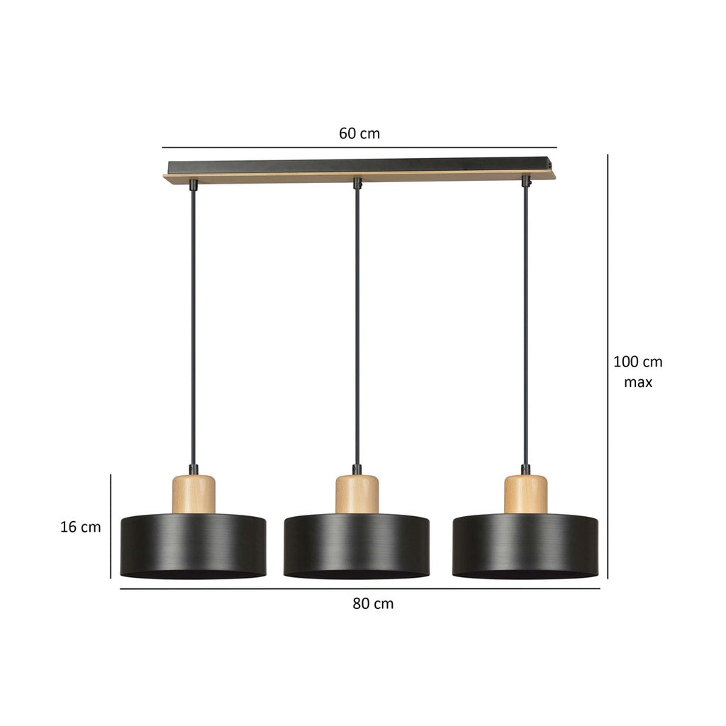 Hanglamp gepoedercoat staal en hout Torin, zwart, 3 lichts, 80 x 100 cm, verstelbare hoogte, woonkamer en eetkamer