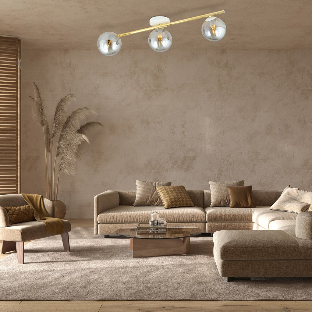 Plafondlamp staal en glas Splendi, wit met goud en grafiet glas, 3 lichtpunten, 80 cm breed, E14