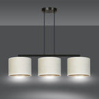 Hanglamp gepoedercoat staal en stof Hilde, zwart met witte kappen, 3 lichts, breedte 72 cm, eetkamer
