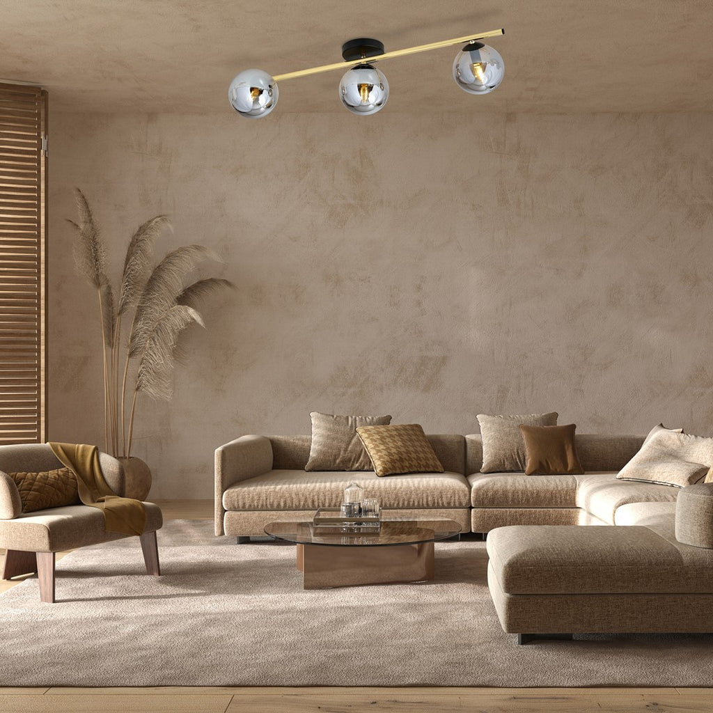 Plafondlamp Splendi gepoedercoat staal en glas, modern, zwart met goud en grafiet glas, 3 lichts, 80 x 20 cm