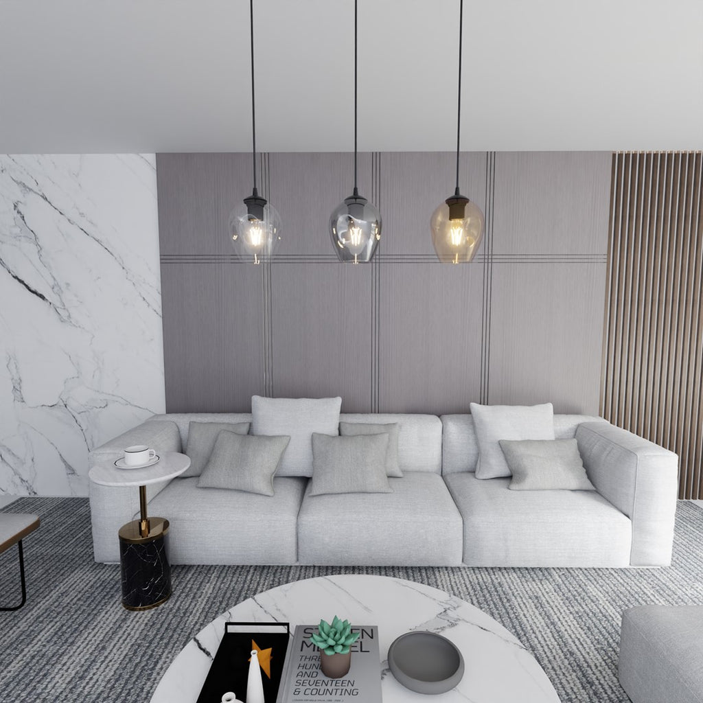 Hanglamp 3-lichts gepoedercoat staal en glas, Istar, zwart met amber, grafiet en transparant glas, 70 x 100 cm