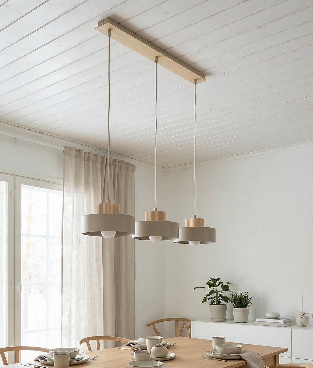 Hanglamp gepoedercoat staal en hout Kivi, beige, 3 lichts, 73 x 20 cm, E27, woonkamer en eetkamer