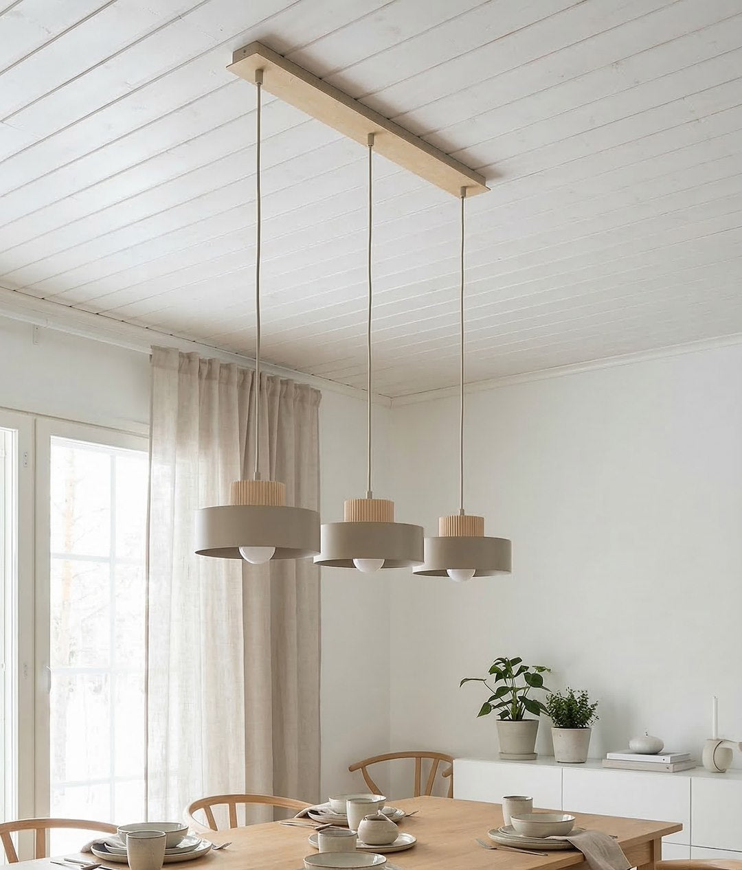Hanglamp gepoedercoat staal en hout Kivi, beige, 3 lichts, 73 x 20 cm, E27, woonkamer en eetkamer