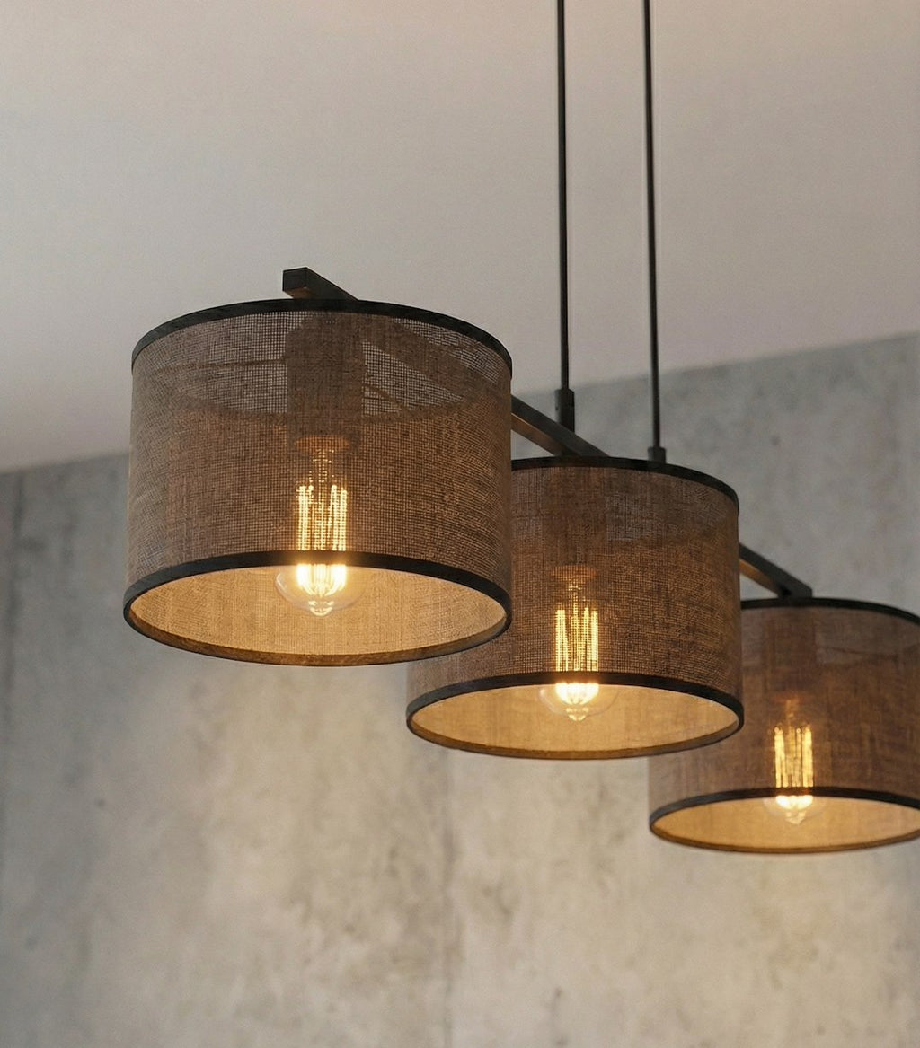 Hanglamp staal met stoffen kap Eco 3 lichts bruin zwart, 70 cm breed, eettafel en keukeneiland