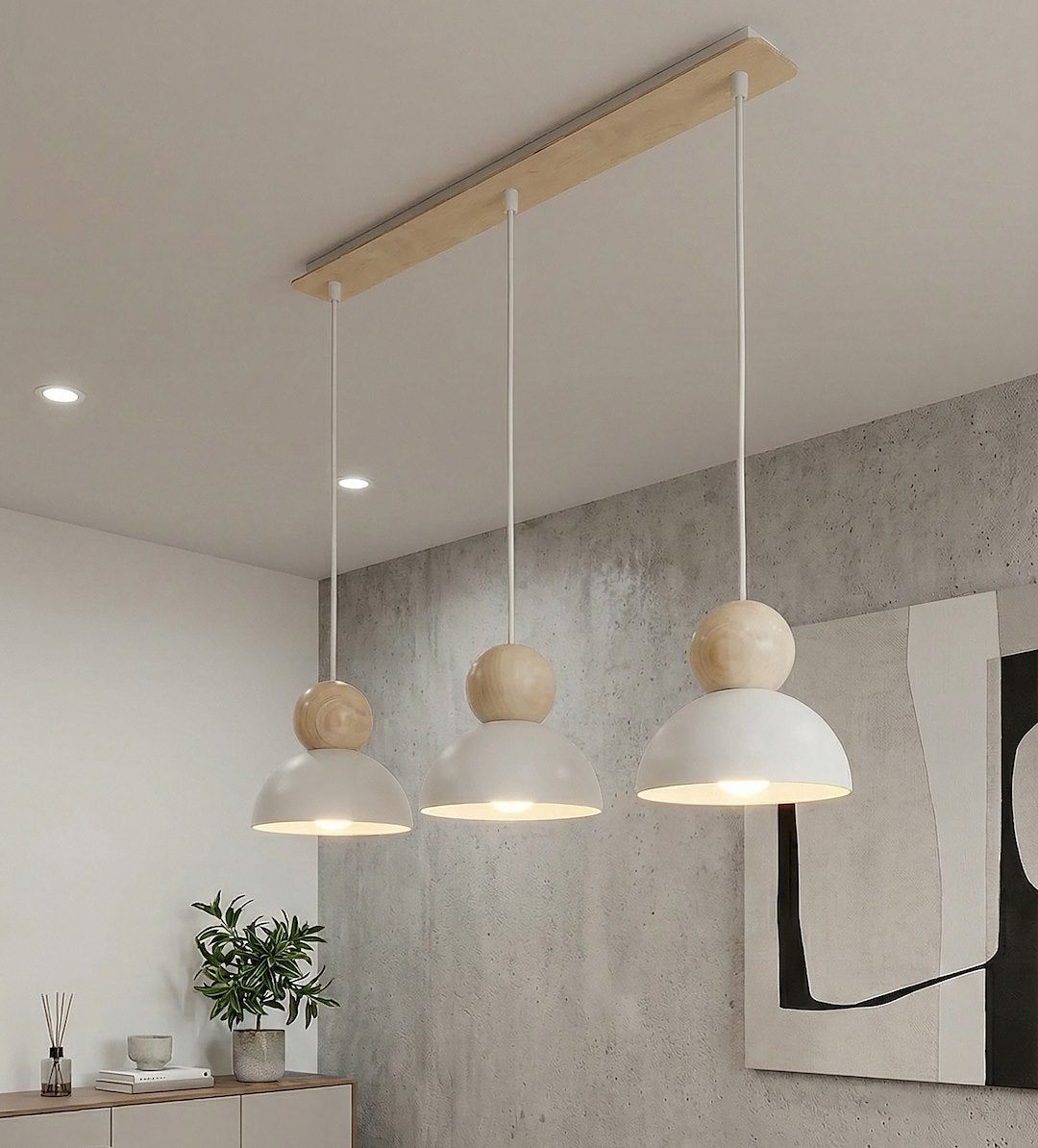 Hanglamp 3 lichts gepoedercoat staal en hout Kaki Scandinavisch wit, 3 x E27, breedte 73 cm