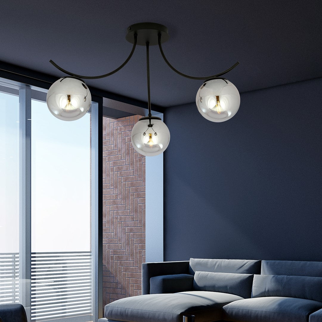 Plafondlamp gepoedercoat staal en glas Boston, zwart met grafiet kappen, 3 lichtpunten, 70 x 37 cm