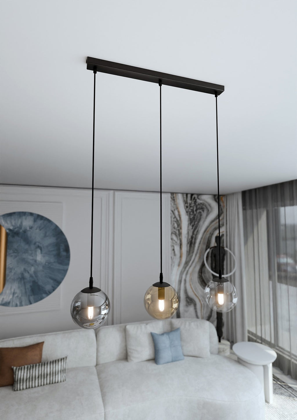 Hanglamp 3-lichts gepoedercoat staal en glas Cosmo, zwart met transparante, grafiet en amber kappen, 70 cm